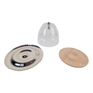 Flow Glass Dome with Serving Dish in Stainless Steel by Gijs Bakker for Royal VKB Walnut, 2000, Set of 3 For Sale