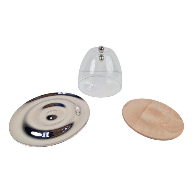 Flow Glass Dome with Serving Dish in Stainless Steel by Gijs Bakker for Royal VKB Walnut, 2000, Set of 3 For Sale