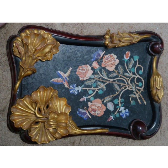 Exquisite Pietra Dura (Pietra Dure) Rendition of Flowers, Birds, Butterflies, Framed With Lovely Shaped Wood Frame With Molded Flowers, by N. Luedtke For Sale - Image 10 of 15
