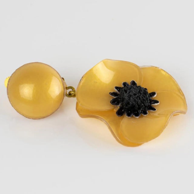 Plastic Cilea Paris Dangle Resin Clip Earrings Yellow Poppy Flower For Sale - Image 7 of 8
