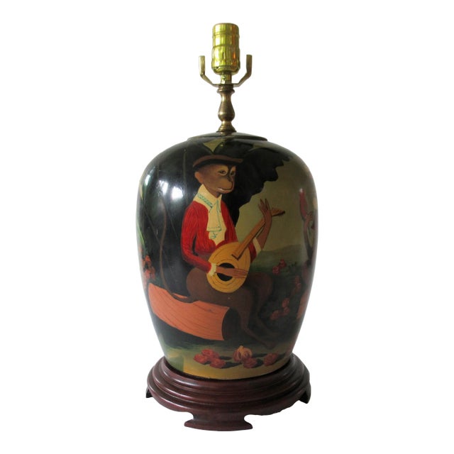 C .1960's-1970's Asian Chinoiserie-Style William Skilling Attr. Hand-Painted Porcelain Ginger Jar Lamp With Monkey Motif For Sale