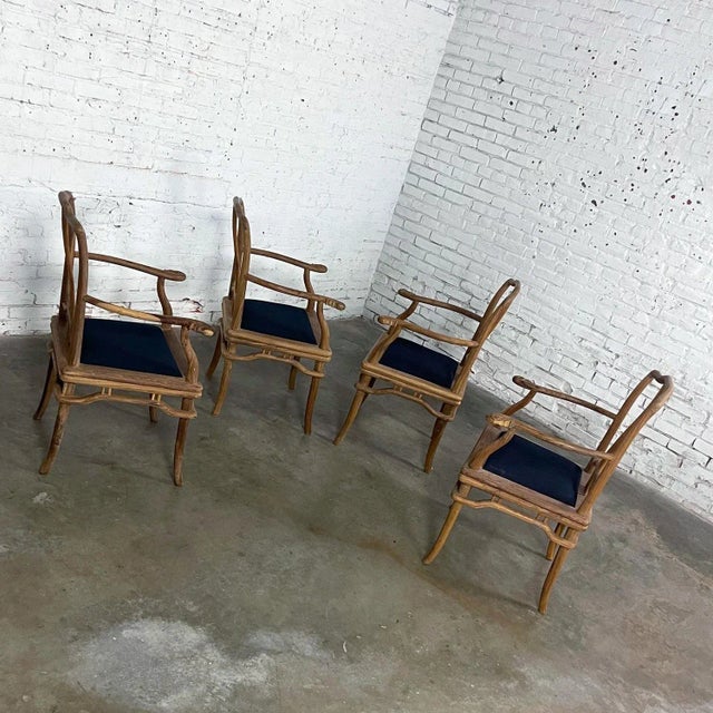 Late 20th Century Late 20th Century Ming Style Indonesian Dining Armed Chairs Natural Teak & Upholstered Drop in Seats Set of 4 For Sale - Image 5 of 12