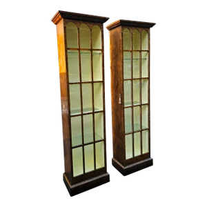 Pair of Vintage Tall & Narrow Walnut Convex Glass Display Cabinets Attributed to Baker