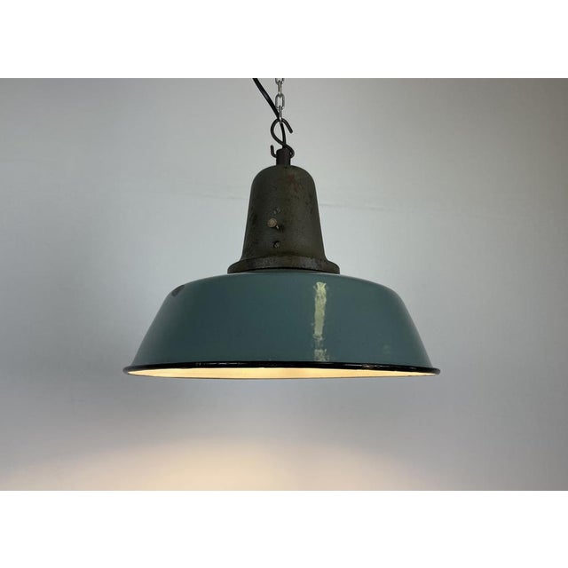 Industrial Petrol Enamel Factory Ceiling Lamp with Cast Iron Top, 1960s For Sale - Image 10 of 14