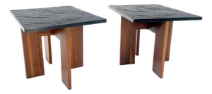 Pair of Adrian Pearsall Walnut Bases Slate Like Tops End Side Tables Stands MINT