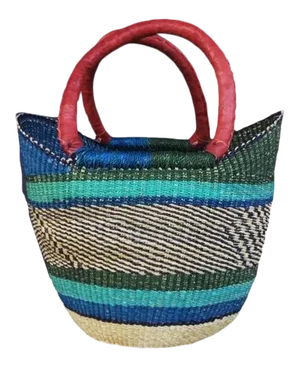 African Bolga Ghana Woven Green and Blue Yikene Basket