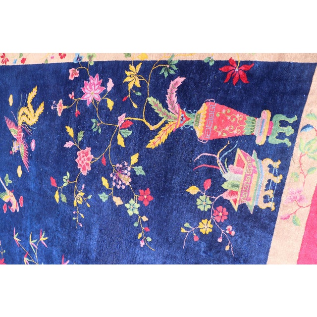 Large Antique Art Deco Rug in Deep Navy Blue With Vibrant Red Border For Sale - Image 4 of 13
