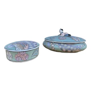 Vintage Asian Cloisino Turquoise Ceramic Boxes - Set of 2 For Sale