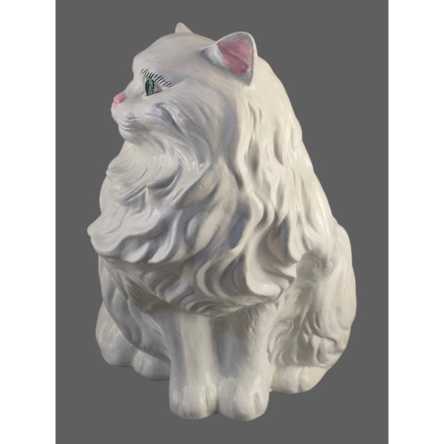 Vintage Ceramic Life Size White Green Eyes Cat Figurine 14'' High For Sale - Image 4 of 10