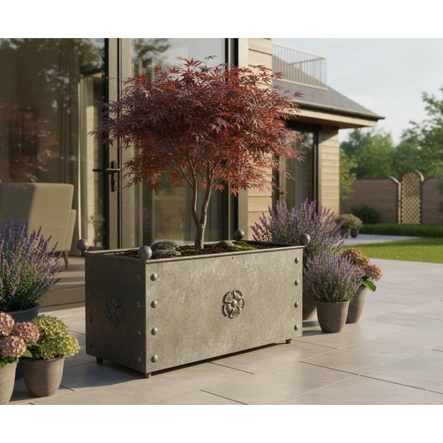 Metal Contemporary Steel Trough Planter With Rosettes and Ball Finials For Sale - Image 7 of 7