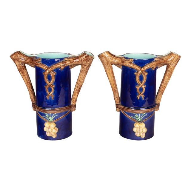 1920s French Majolica Pitchers or Vases - a Pair For Sale