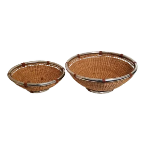 Vintage Set of 2 Large Woven Baskets With Chrome Rim and Base