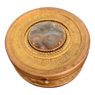 Late 19th Century Round Gilt Brass Box With Inset Agate For Sale