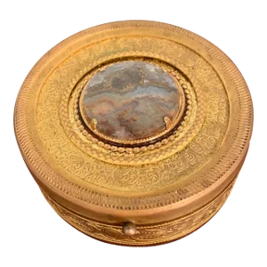 Late 19th Century Round Gilt Brass Box With Inset Agate