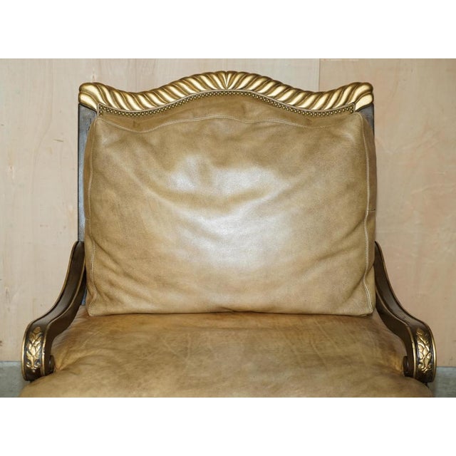 Set of Large Vintage Italian Brown Leather & Giltwood Throne Armchair & Footstool For Sale - Image 4 of 18
