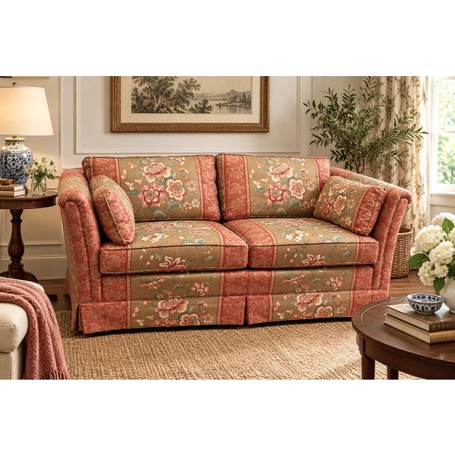 A charming vintage Henredon Schoonbeck loveseat featuring a compact 62-inch frame, softly rolled arms, tailored skirt, and...