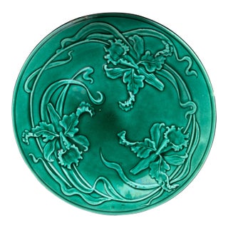 19th Century Green Majolica Orchid Plate Saint Clement For Sale