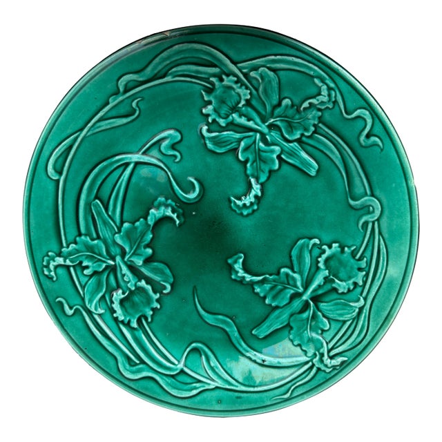 19th Century Green Majolica Orchid Plate Saint Clement For Sale