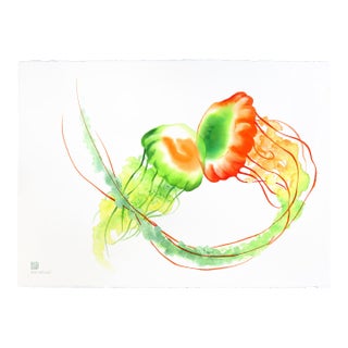Rainbowland Jellyfish Kiss - Original Botanical Abstract Watercolor Painting on Paper by Xiao Wen Xu For Sale