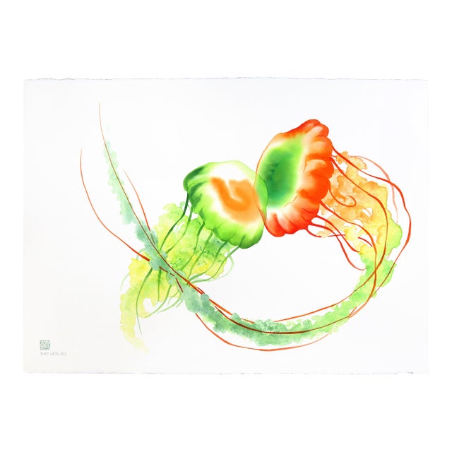 Rainbowland Jellyfish Kiss - Original Botanical Abstract Watercolor Painting on Paper by Xiao Wen Xu For Sale