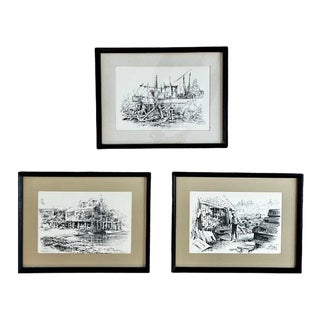 Jas F. Murray, Framed, Nautical Coastal Scene Drawings - Set of Three - Mid Century For Sale