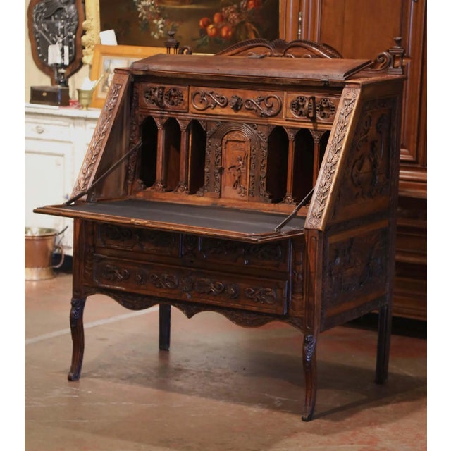 French 19th Century French Louis XV Carved Oak Secrétaire With Figural Scenes For Sale - Image 3 of 13