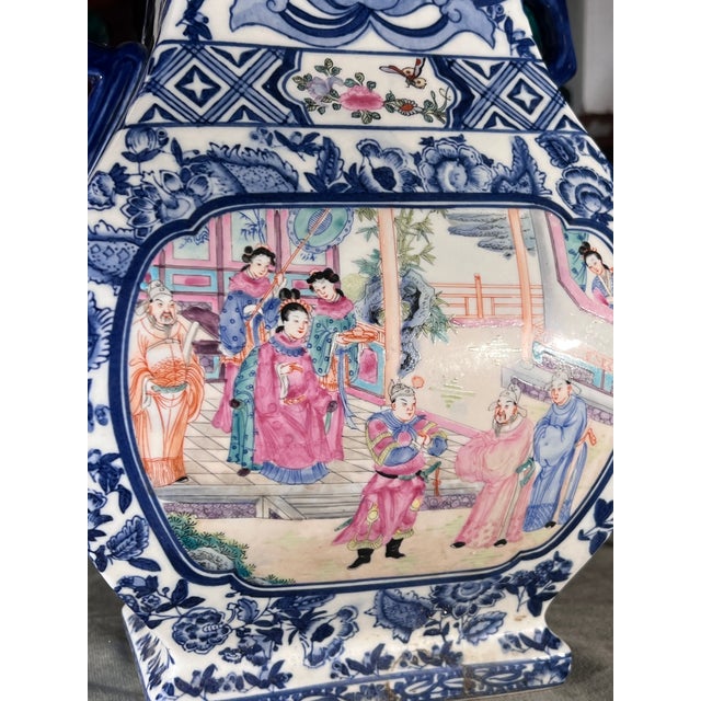 Chinoiserie Vintage Blue and White Porcelain Vase With Hand Painted Court Scene For Sale - Image 3 of 11