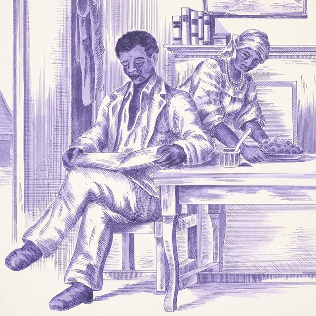 Traditional Schumacher x Victor Glemaud Toussaint Toile Wallpaper in Purple on Cream - Sample For Sale - Image 3 of 5