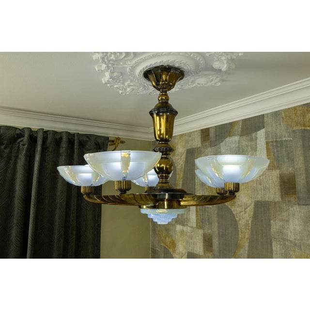 Gold Art Deco Bronze and Opalescent Glass Six-Light Chandelier attributed to Ezan, France For Sale - Image 8 of 18