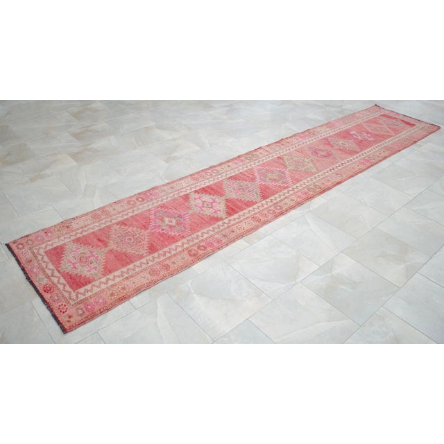Rose 1970s Pink Kurdish Herki Hand-Knotted Distressed Runner For Sale - Image 8 of 17