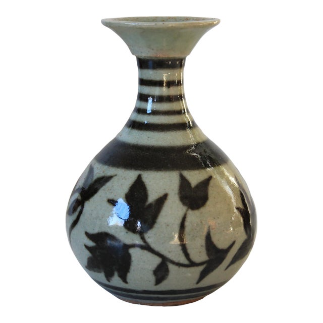 Vintage Studio Art Pottery Bud Vase W/ Strip and Floral Motif For Sale