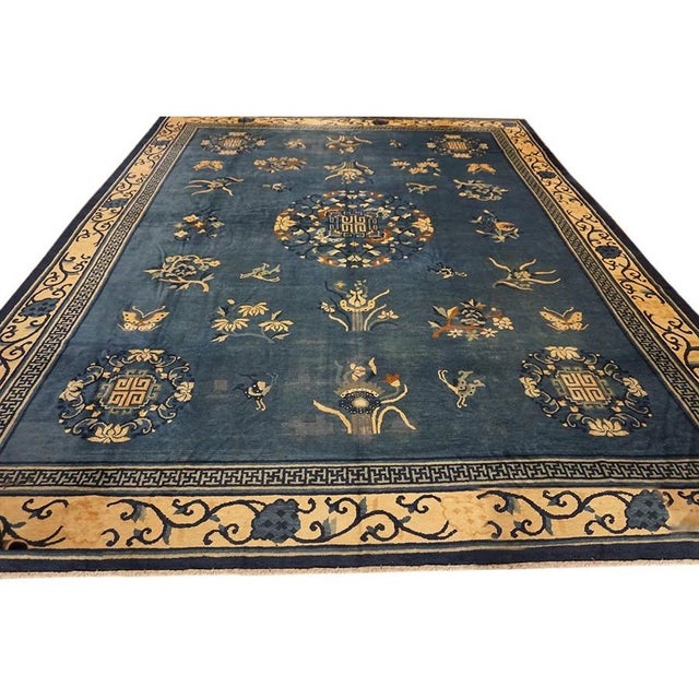Textile 1920s Blue Field Floral Traditional Medallion Antique Chinese Peking Knotted Rug For Sale - Image 7 of 8