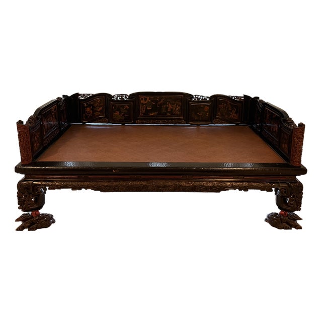 Antique Chinese Qing Dynasty Carved & Lacquered Louhan Daybed For Sale