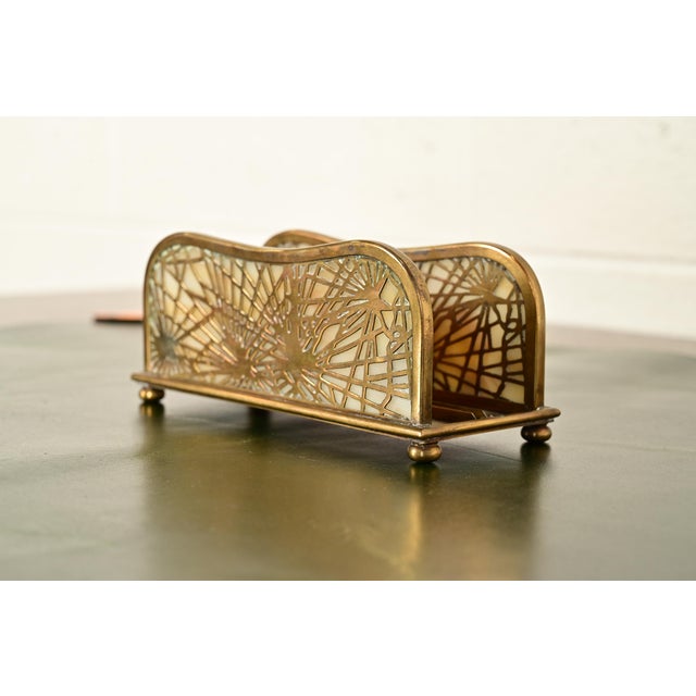 Tiffany Studios New York Pine Needle Bronze Doré and Favrile Slag Glass Letter Rack For Sale - Image 11 of 11