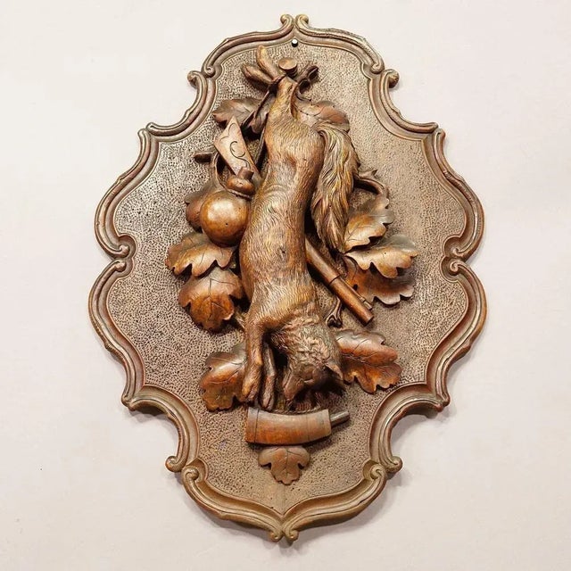 Wood Antique Wooden Carved Black Forest Game Plaque with Fox, 1890s For Sale - Image 7 of 9