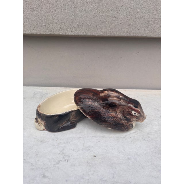 French Pottery Majolica Rabbit Pate Tureen signed Caugant, circa 1950.