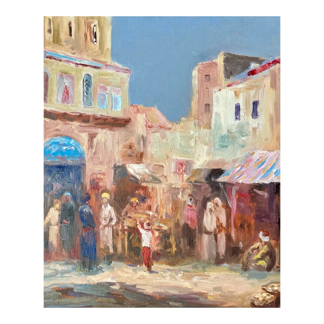 Vintage Oil Painting of a Market in Central Asia by Murat Kaboulov 1939-2010 For Sale