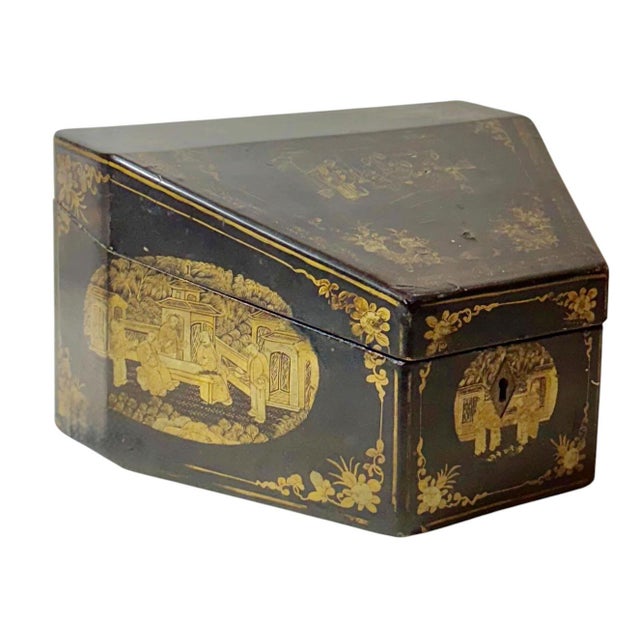 n early 19th century Chinese export lacquered box, richly decorated with detailed figural scenes. The exterior features a...