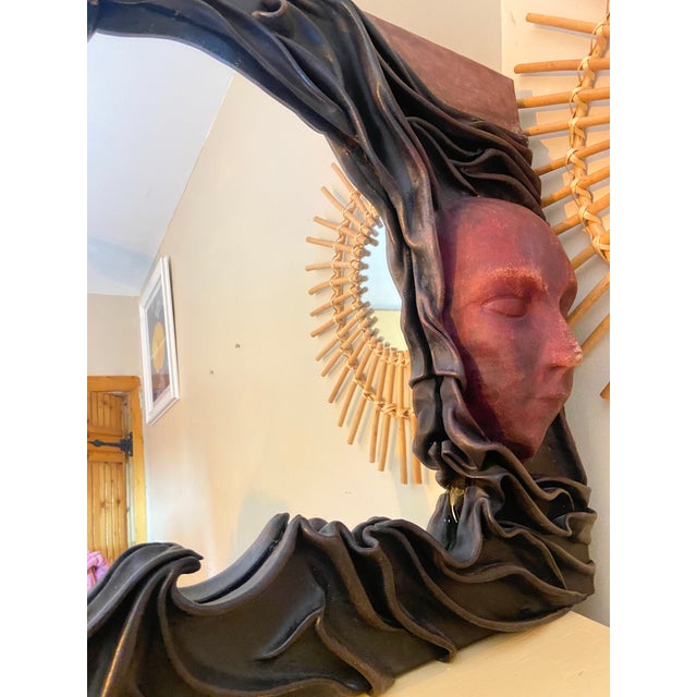 French Country Vintage French Surrealist Sculptural Leather Mirror With Twin Faces, 1970s–1980s For Sale - Image 3 of 9