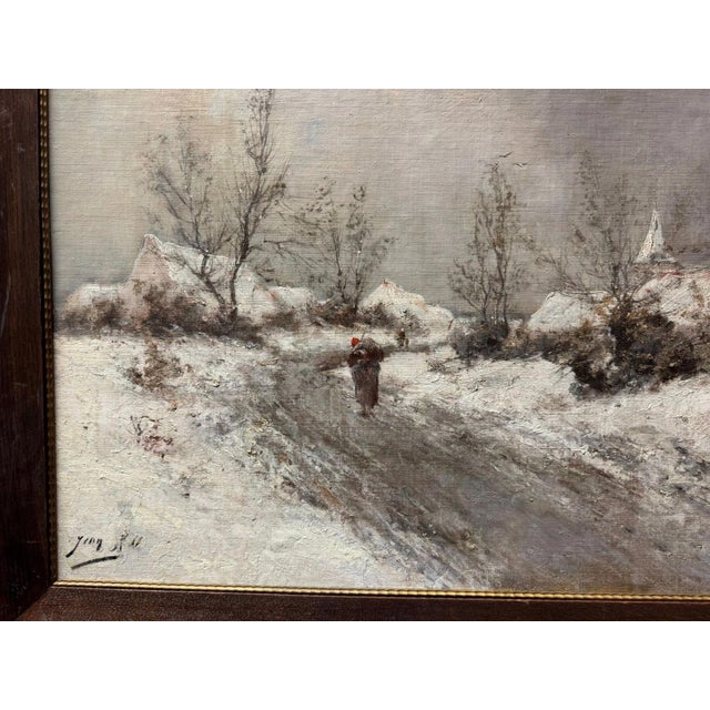 Brown Hill Jean, Belgium Winter Landscape Man Alone Church in the Background, 1916, Oil on Canvas For Sale - Image 8 of 13