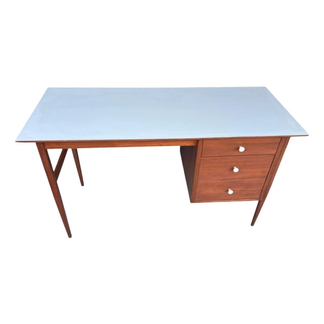 Mid-Century Modern Walnut Desk With White Laminate Top – Restored Vintage Writing Table For Sale