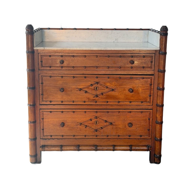 Chinoiserie Late 19th Century French Faux Bamboo Marble Top Chest of Drawers For Sale - Image 3 of 17
