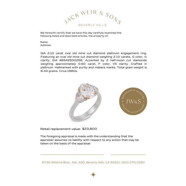 Platinum 1980s Gia 2.10 Carat Oval Old Mine Cut Diamond Platinum Engagement Ring, Size 6.25 For Sale - Image 8 of 8