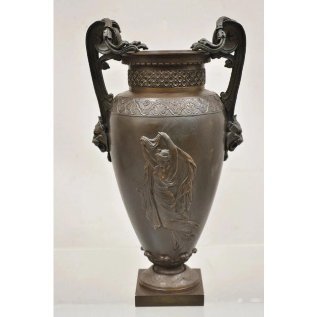 19th C Alfred Daubree French Neoclassical Bronze Figural Urn Vase With Lions For Sale - Image 4 of 16