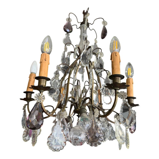 Louis XV 9-Light Cage Chandelier with Crystal Drops For Sale
