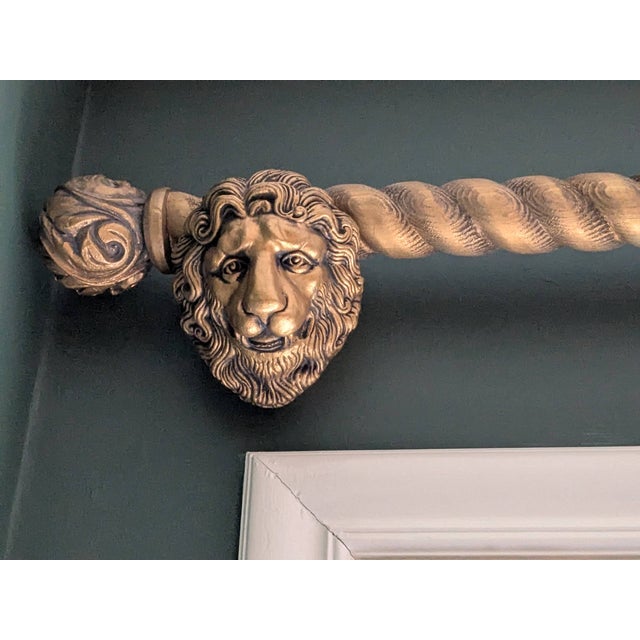 Set of Heavy Carved Wood Curtain Rods, Finials & Lion Head Brackets, 10 Pieces For Sale - Image 10 of 12