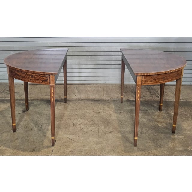 Brown Early 20th Century Pair Federal Mahogany Demi Lune Hall Tables Console Tables Dining Table Inlay For Sale - Image 8 of 12