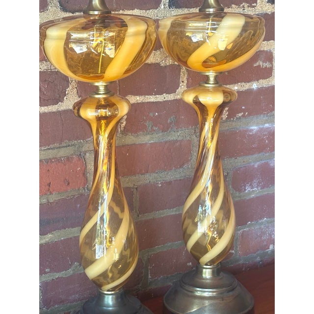 Metal Pair of Italian Murano Ribbon Glass Amber Table Lamps For Sale - Image 7 of 7