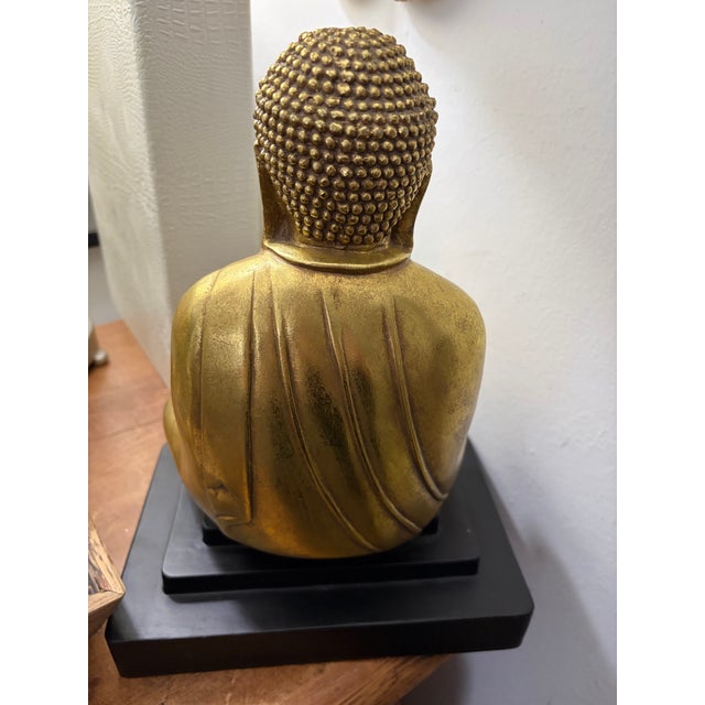 Ceramic Gold Tone Sitting Buda Statue on Wood Base For Sale - Image 9 of 11