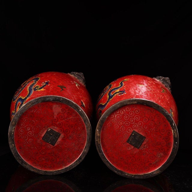Late 20th Century Pair of Gilt Bronze Cloisonné Enamel Dragon Motif Temple Jars For Sale - Image 5 of 9